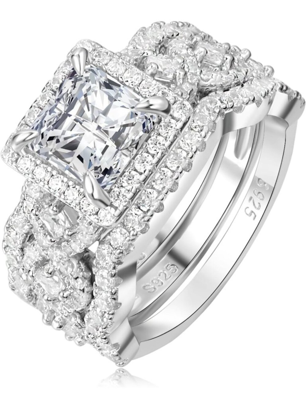 Elegant Princess Cut Halo Engagement Ring in 925 Sterling Silver, Stackable CZ
